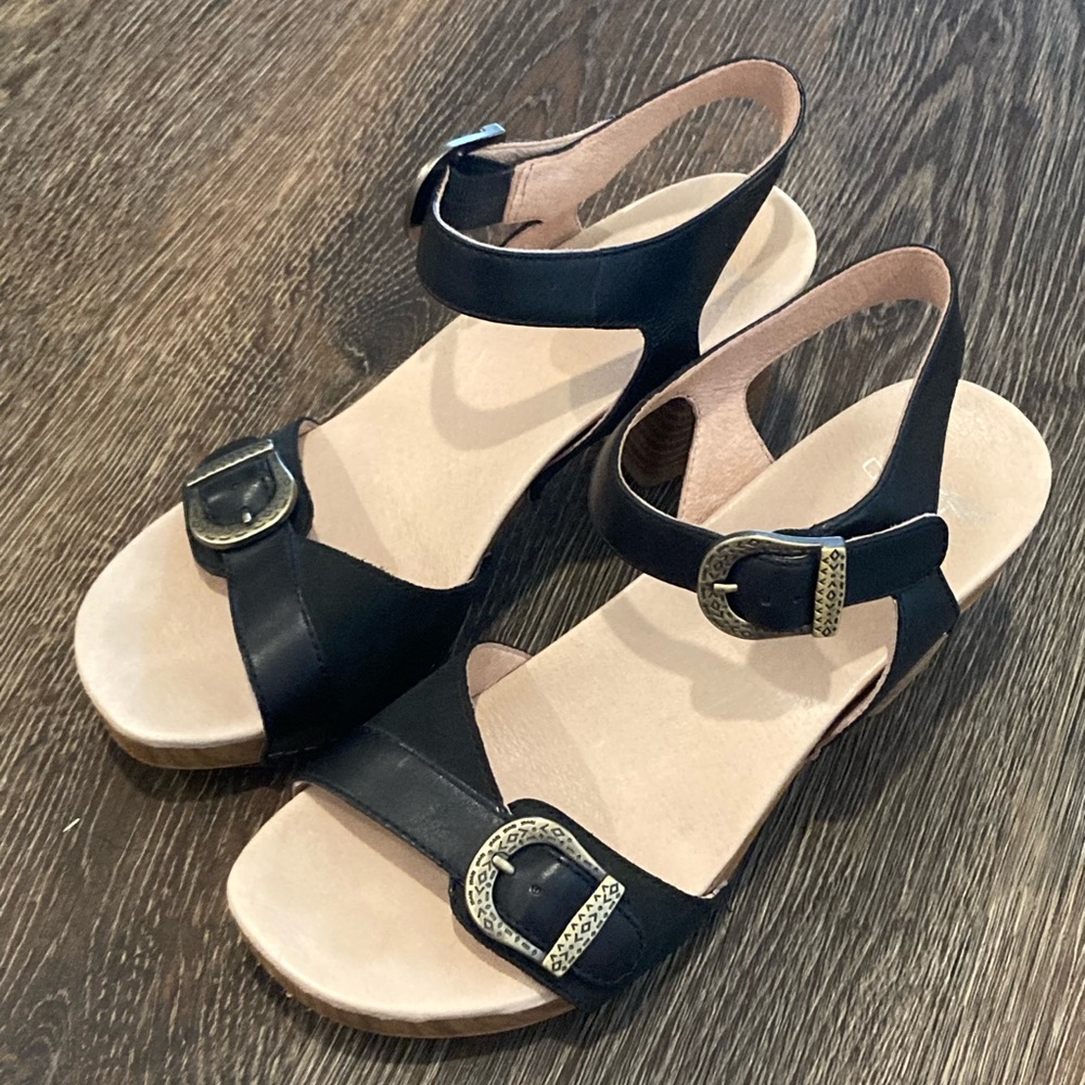 Dansko Black Sandals with Gold Buckles